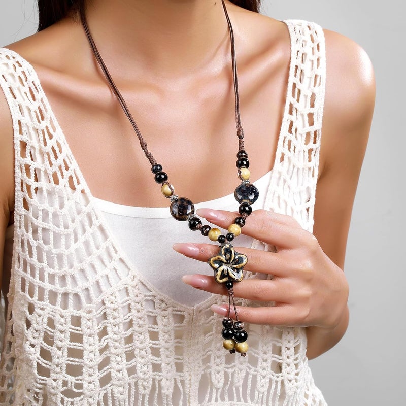 DS Boho Beaded Necklace for Women–Colorful Ceramic & African Tribal Beads, Adjustable Long Chunky Bohemian Jewelry with Gift Box Packaging,Hippie Witchy Vintage Handmade Fashion Statement Necklace - Image 4